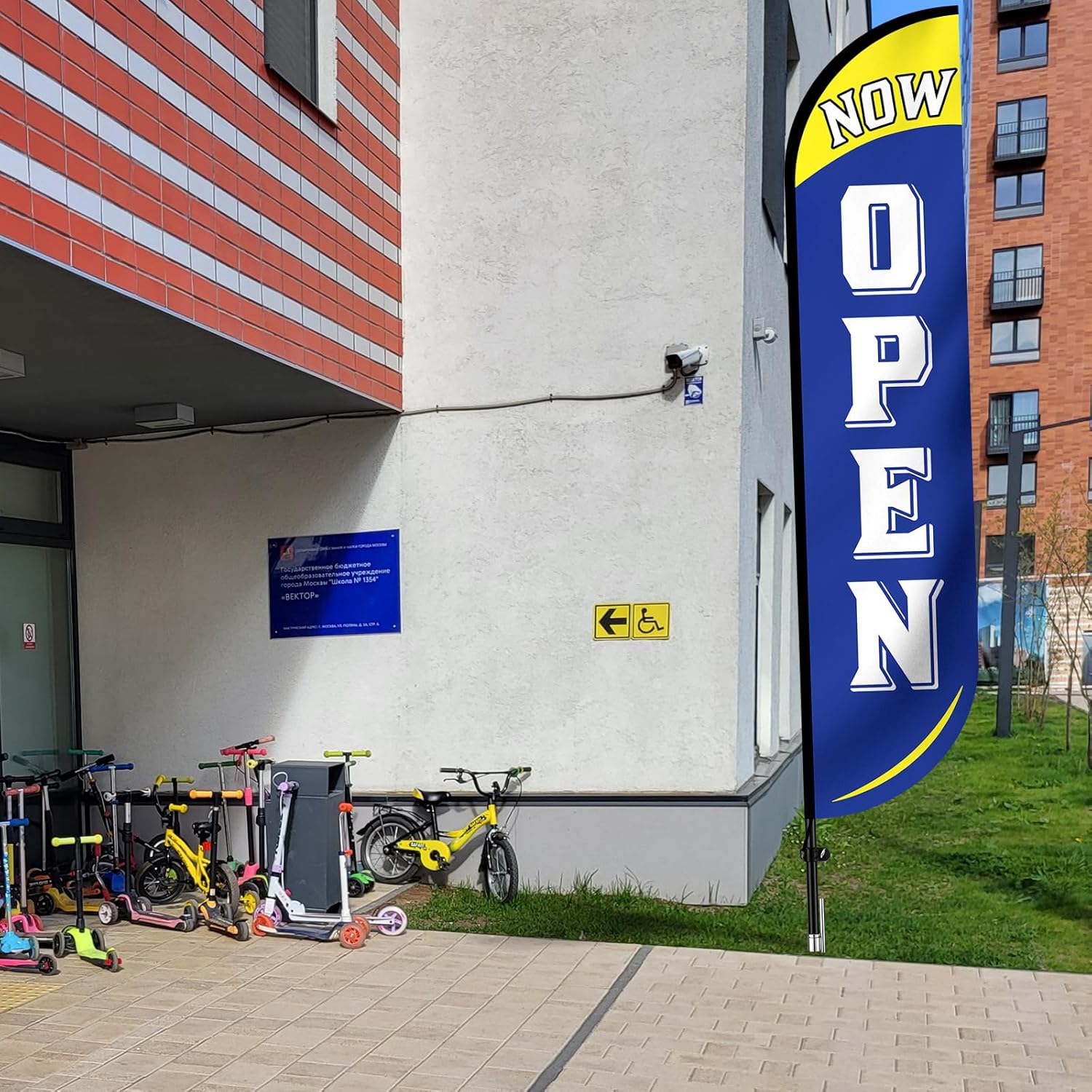 Preboun 2 Sets 12 ft Now Open Feather Flags Pole Kit for Business Advertising Feather Sign with Poles and Ground Spikes Open Flags Banner for Store Outside Signs (Blue)